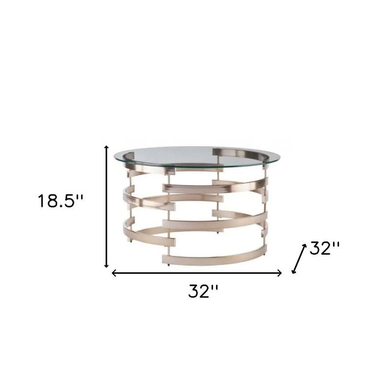 32" Clear And Champagne Glass And Metal With Iron Round Coffee Table Homeroots Living Room