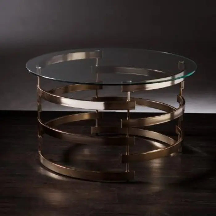 32" Clear And Champagne Glass And Metal With Iron Round Coffee Table Homeroots Living Room
