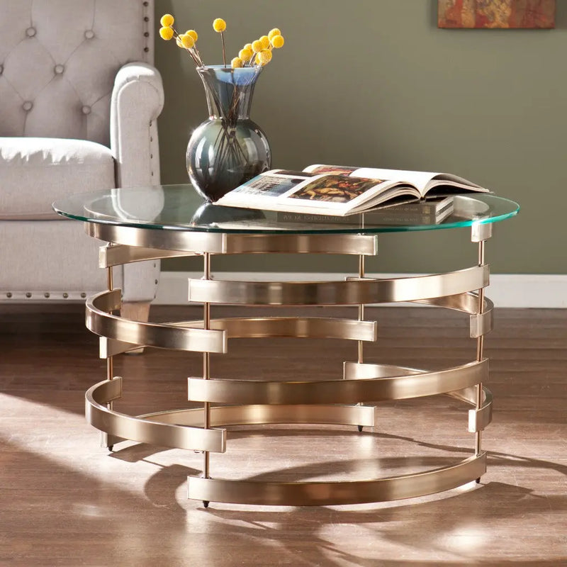 32" Clear And Champagne Glass And Metal With Iron Round Coffee Table Homeroots Living Room