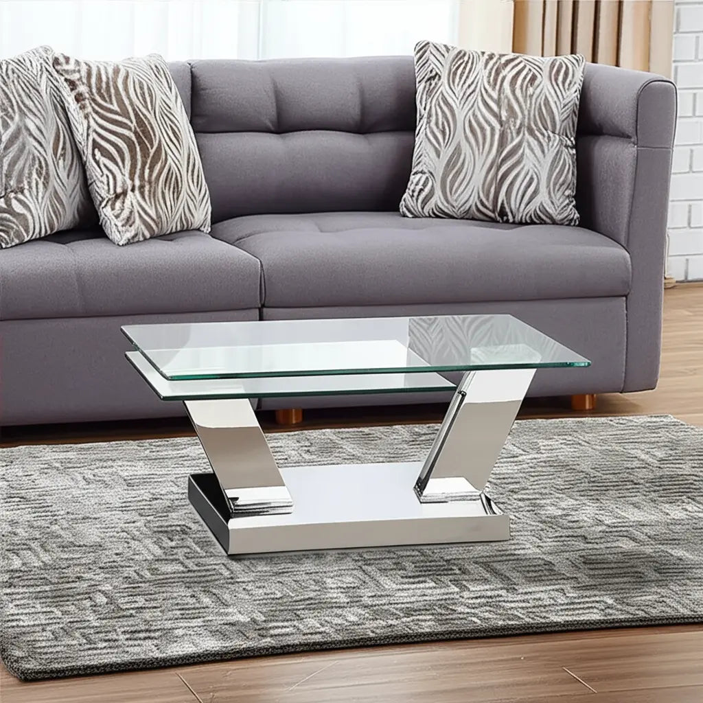 32" Clear And Silver Glass And Stainless Steel Floor Shelf Coffee Table Homeroots Living Room