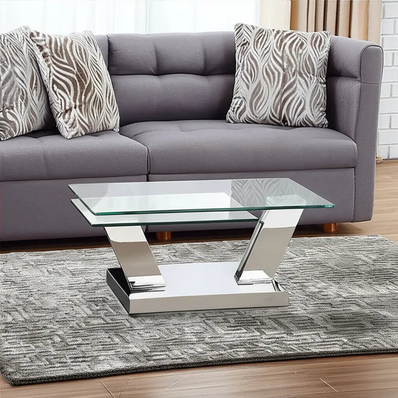 32" Clear And Silver Glass And Stainless Steel Floor Shelf Coffee Table Homeroots Living Room