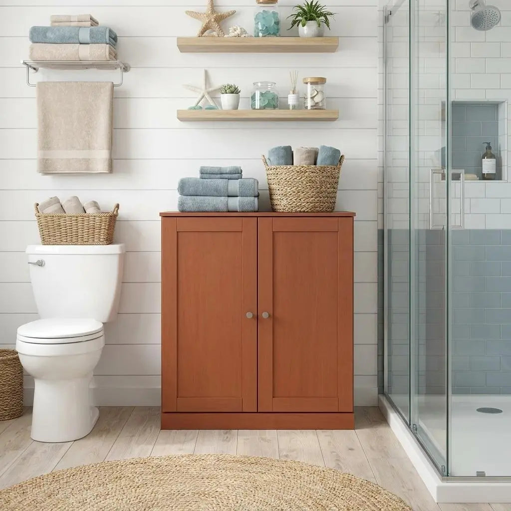 32" Coffee Solid Wood Shaker Style Double Door Linen Cabinet Homeroots Organization
