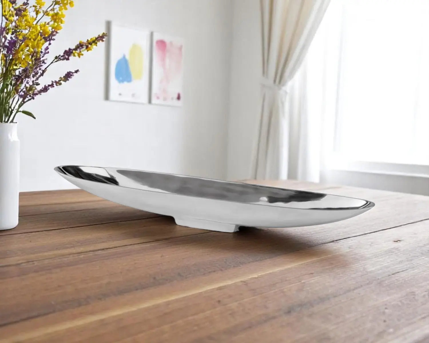 32" Contempo Shiny Silver Long Boat Tray Homeroots Kitchen & Dining