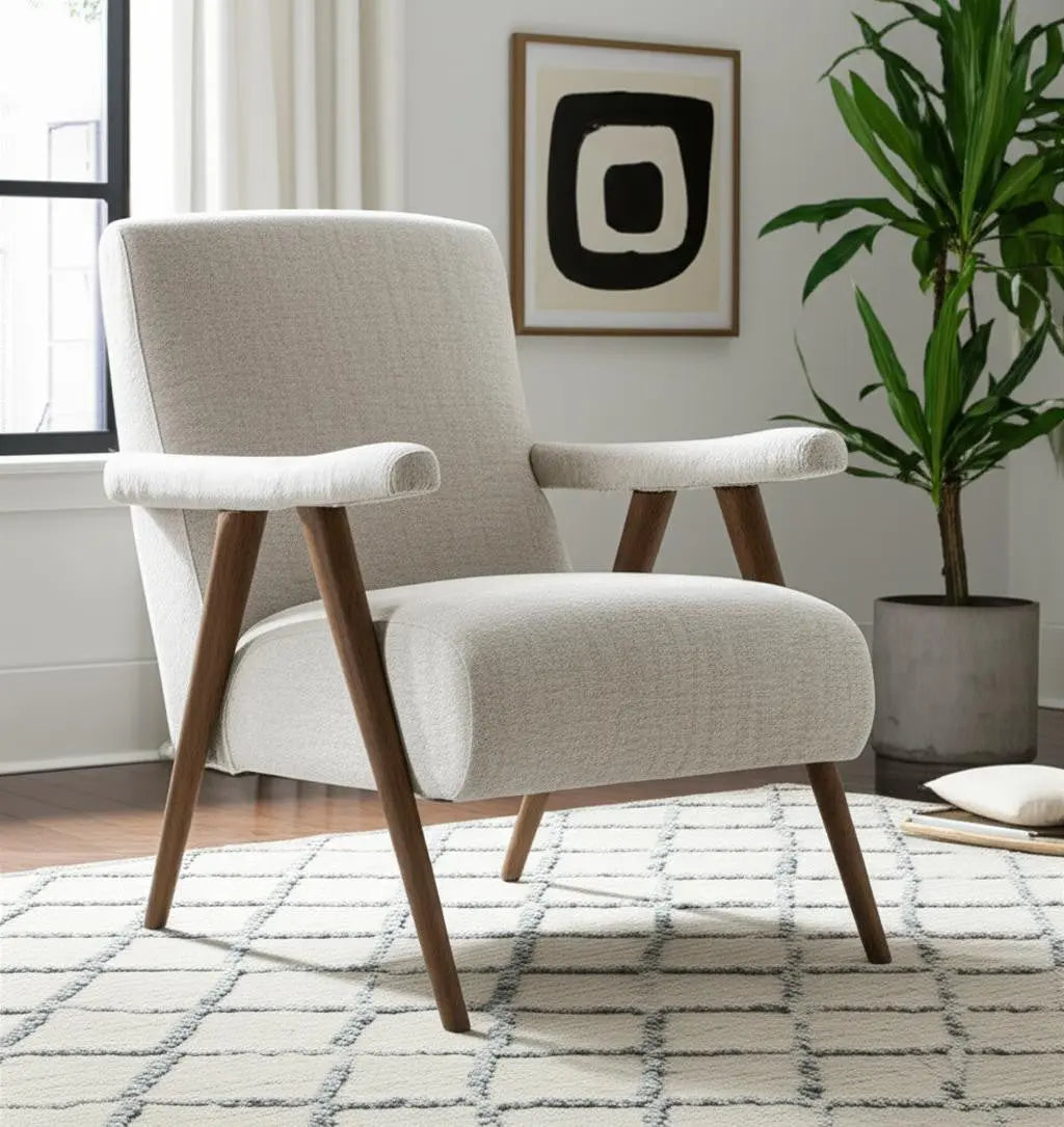 32" Cream and Brown Linen and Solid Wood Arm Chair Homeroots Living Room