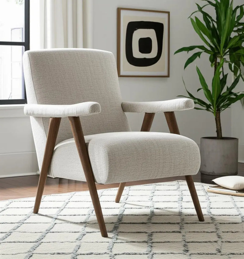 32" Cream and Brown Linen and Solid Wood Arm Chair Homeroots Living Room