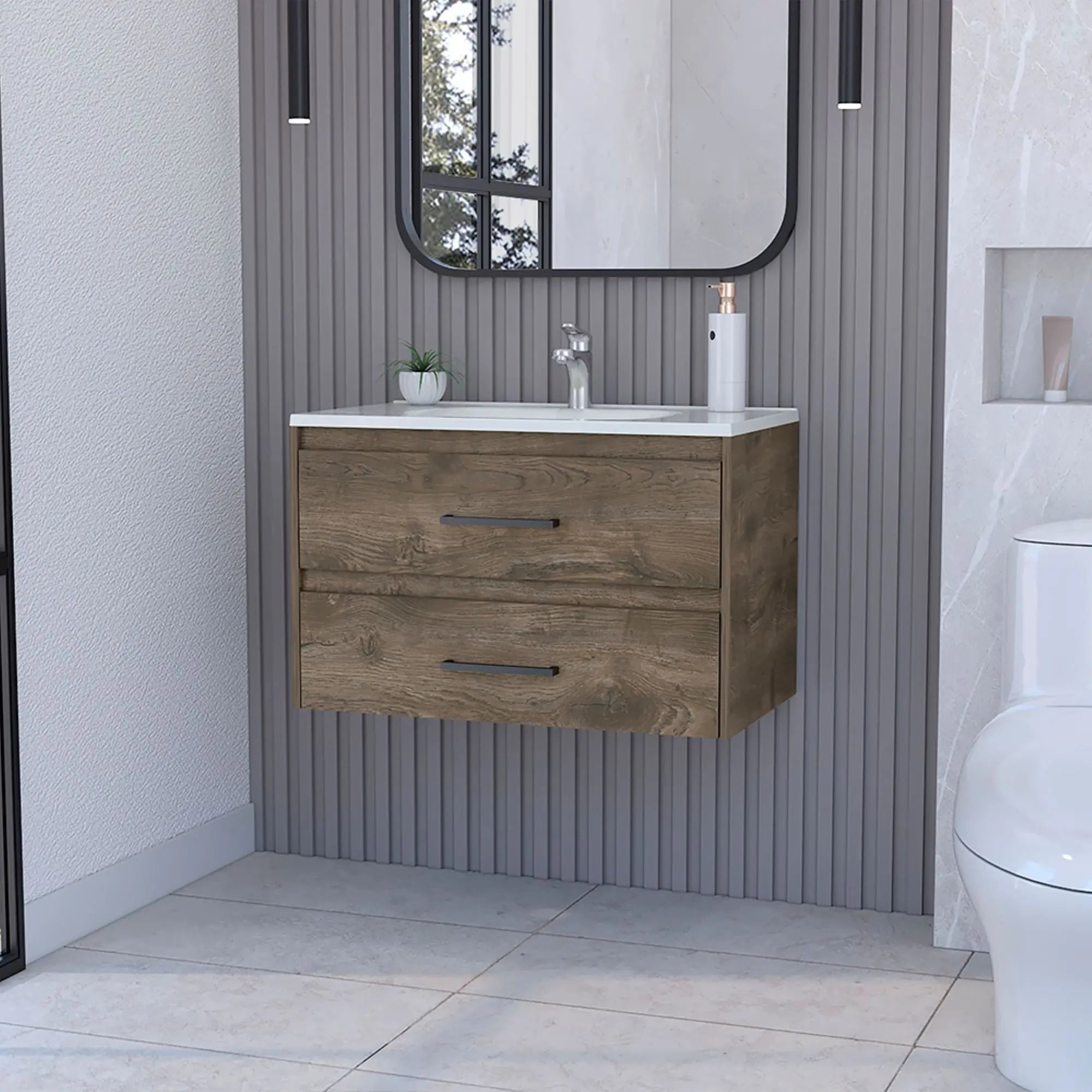32" Dark Brown Wood Floating Bathroom Vanity With White Sink And Two Drawers Homeroots Bed & Bath
