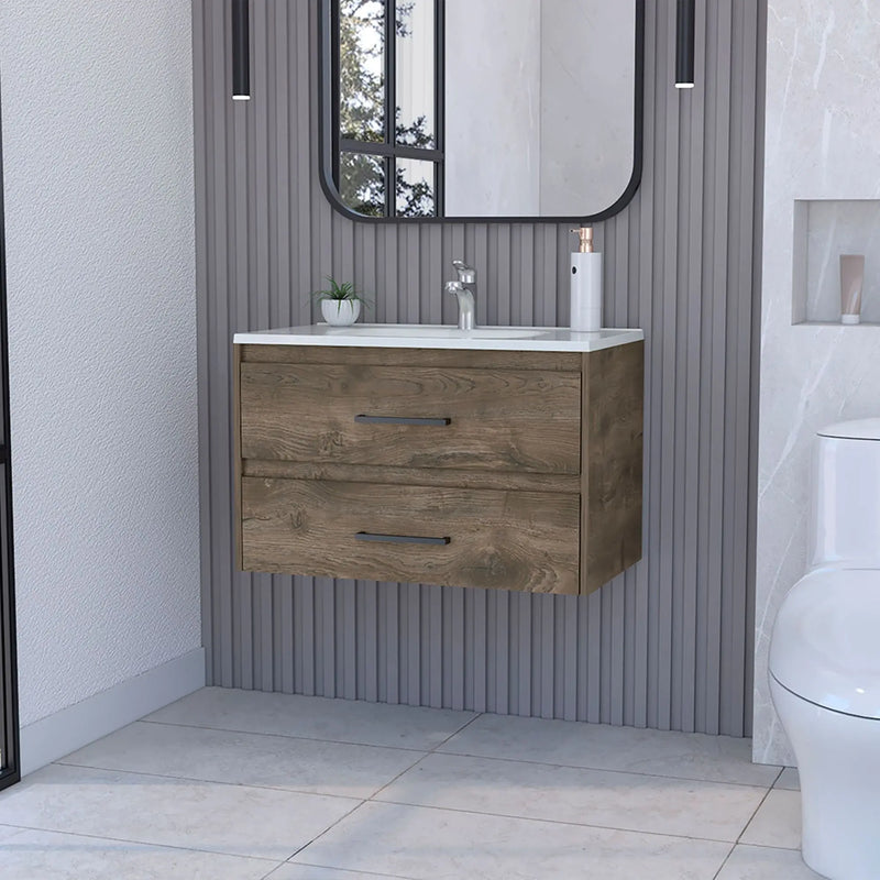 32" Dark Brown Wood Floating Bathroom Vanity With White Sink And Two Drawers Homeroots Bed & Bath
