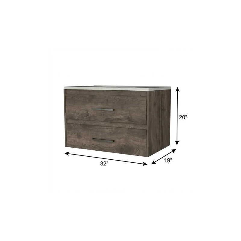 32" Dark Brown Wood Floating Bathroom Vanity With White Sink And Two Drawers Homeroots Bed & Bath