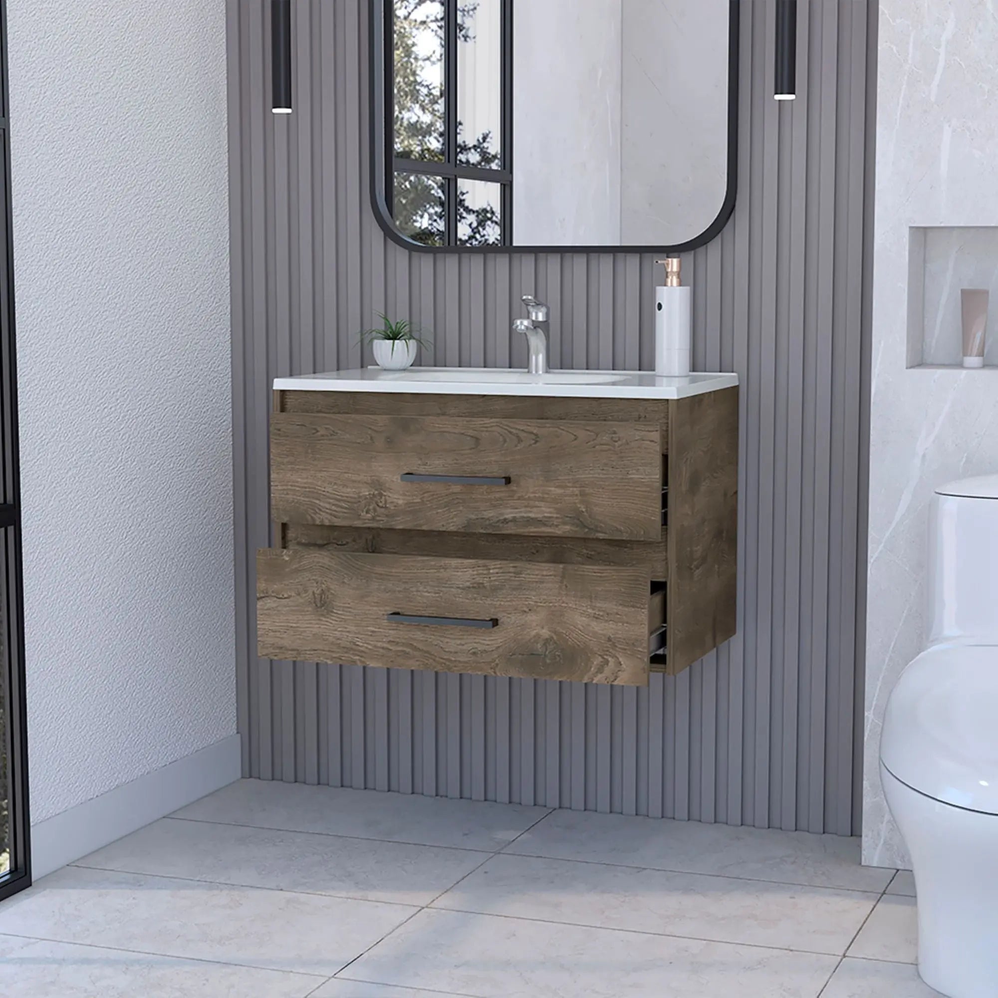 32" Dark Brown Wood Floating Bathroom Vanity With White Sink And Two Drawers Homeroots Bed & Bath