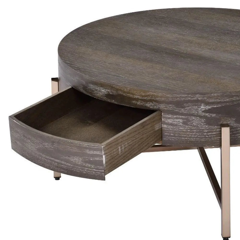 32" Dark Brown and Champagne Wood And Metal Round Sled Coffee Table With Drawer - GreatEagleInc