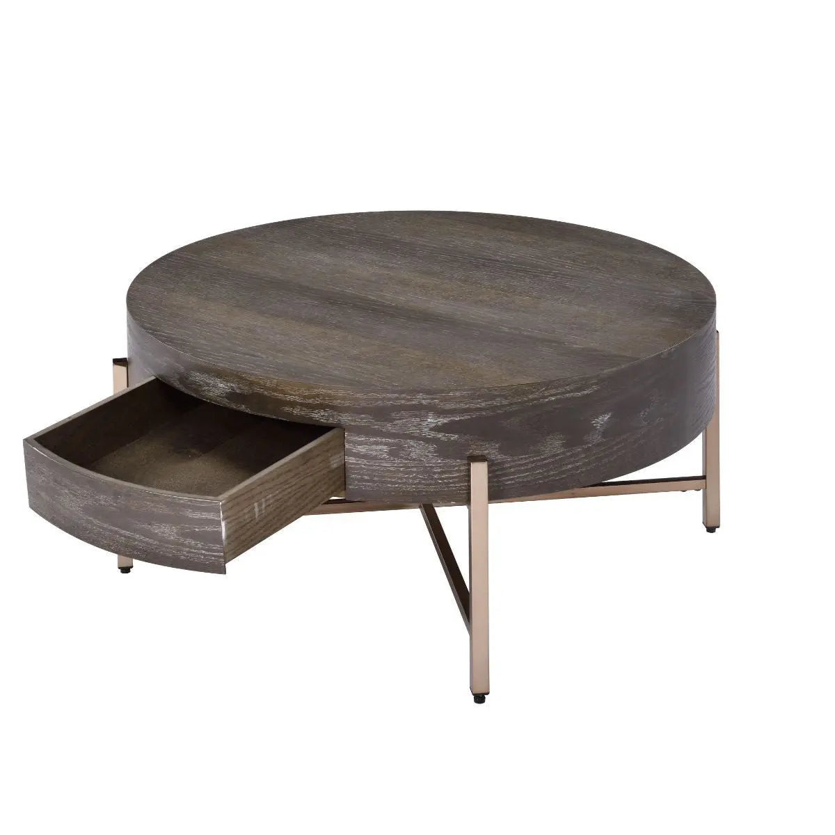32" Dark Brown and Champagne Wood And Metal Round Sled Coffee Table With Drawer - GreatEagleInc