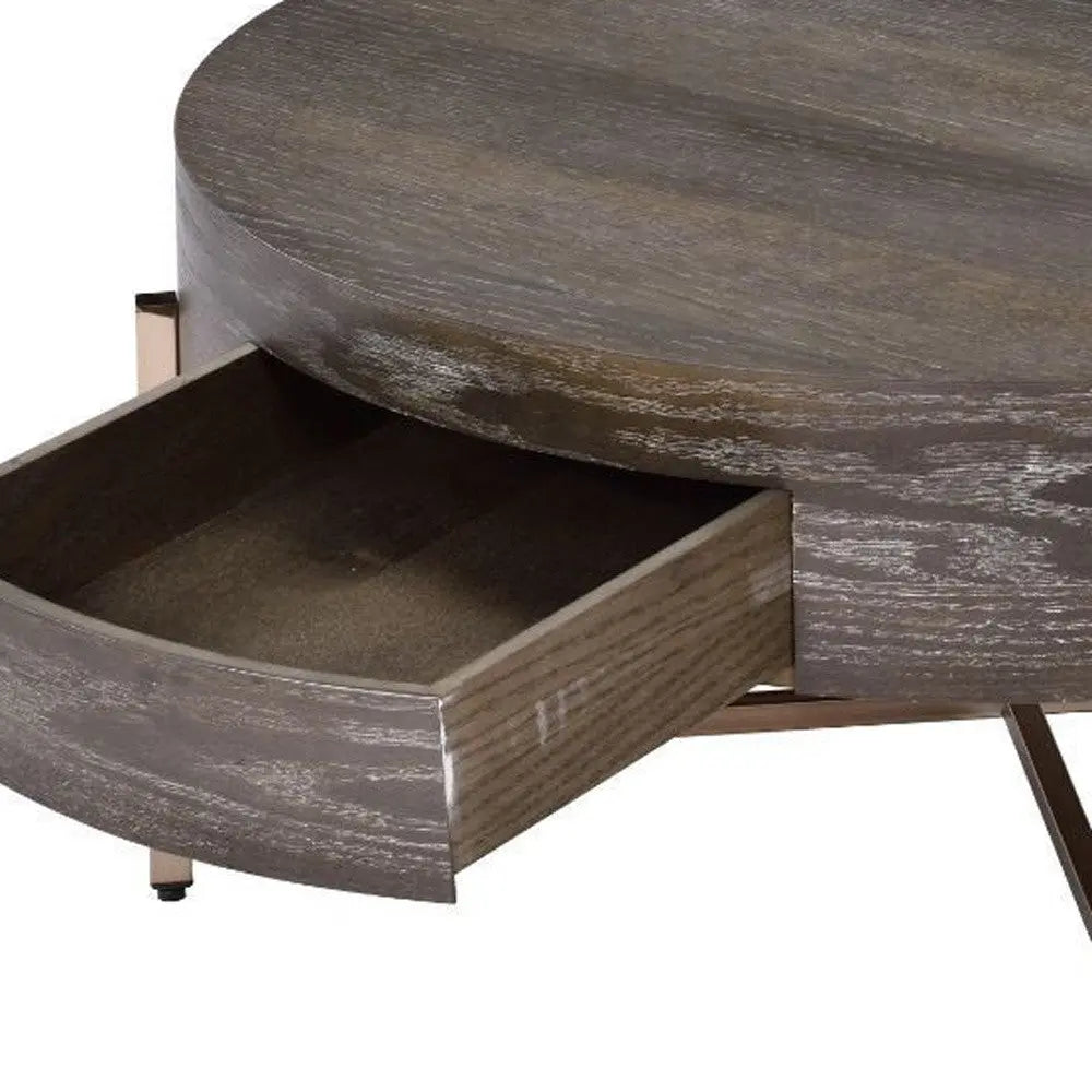 32" Dark Brown and Champagne Wood And Metal Round Sled Coffee Table With Drawer - GreatEagleInc