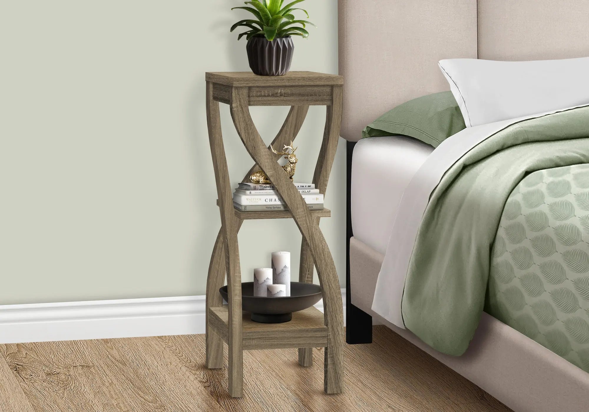 32" Deep Taupe Wood Square End Table With Two Shelves Homeroots Living Room