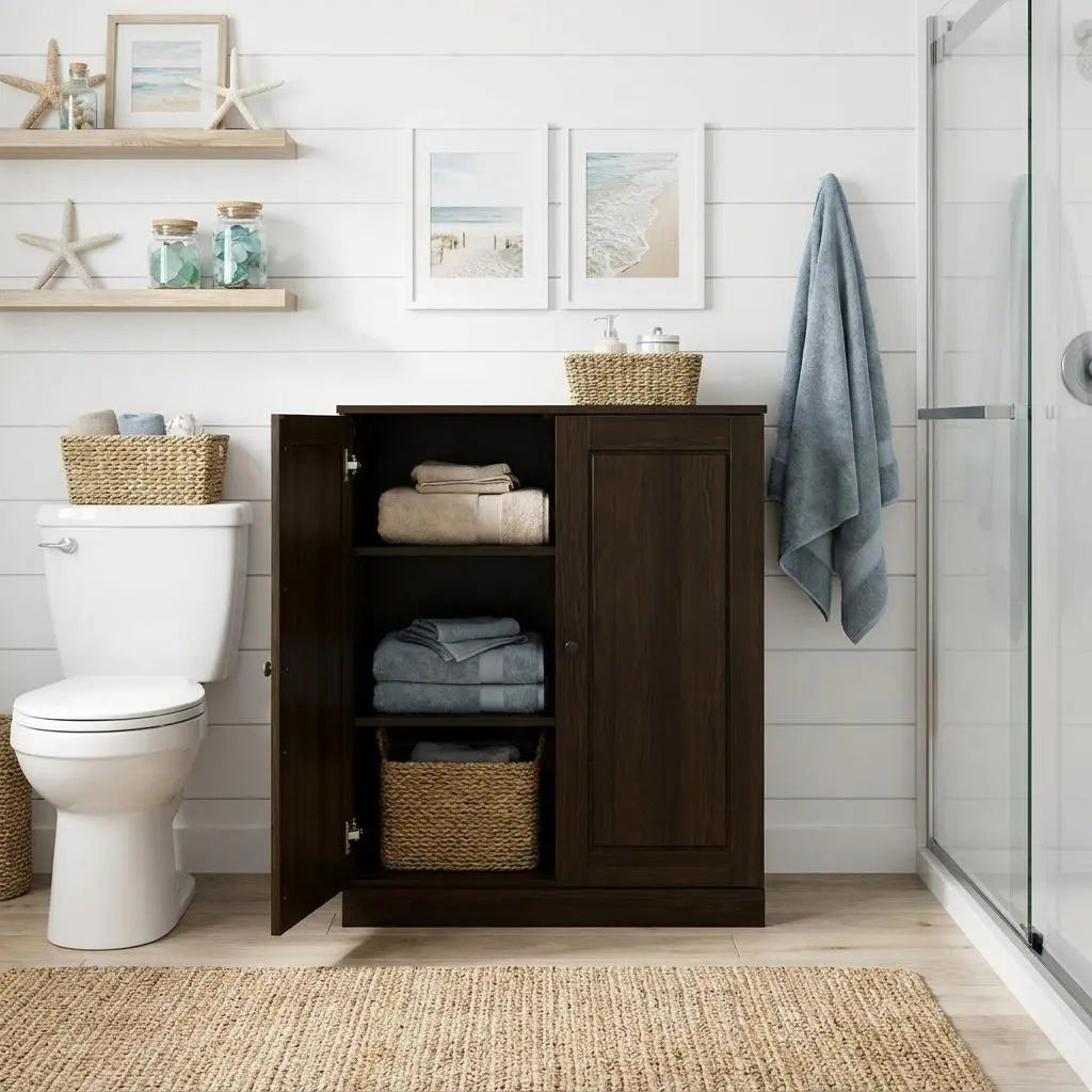 32" Espresso Solid Wood Raised Panel Double Door Linen Cabinet Homeroots Organization