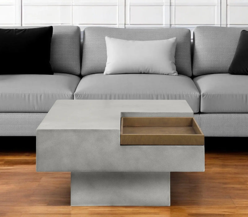 32" Gray Cement Square Distressed Pedestal Coffee Table Homeroots Living Room
