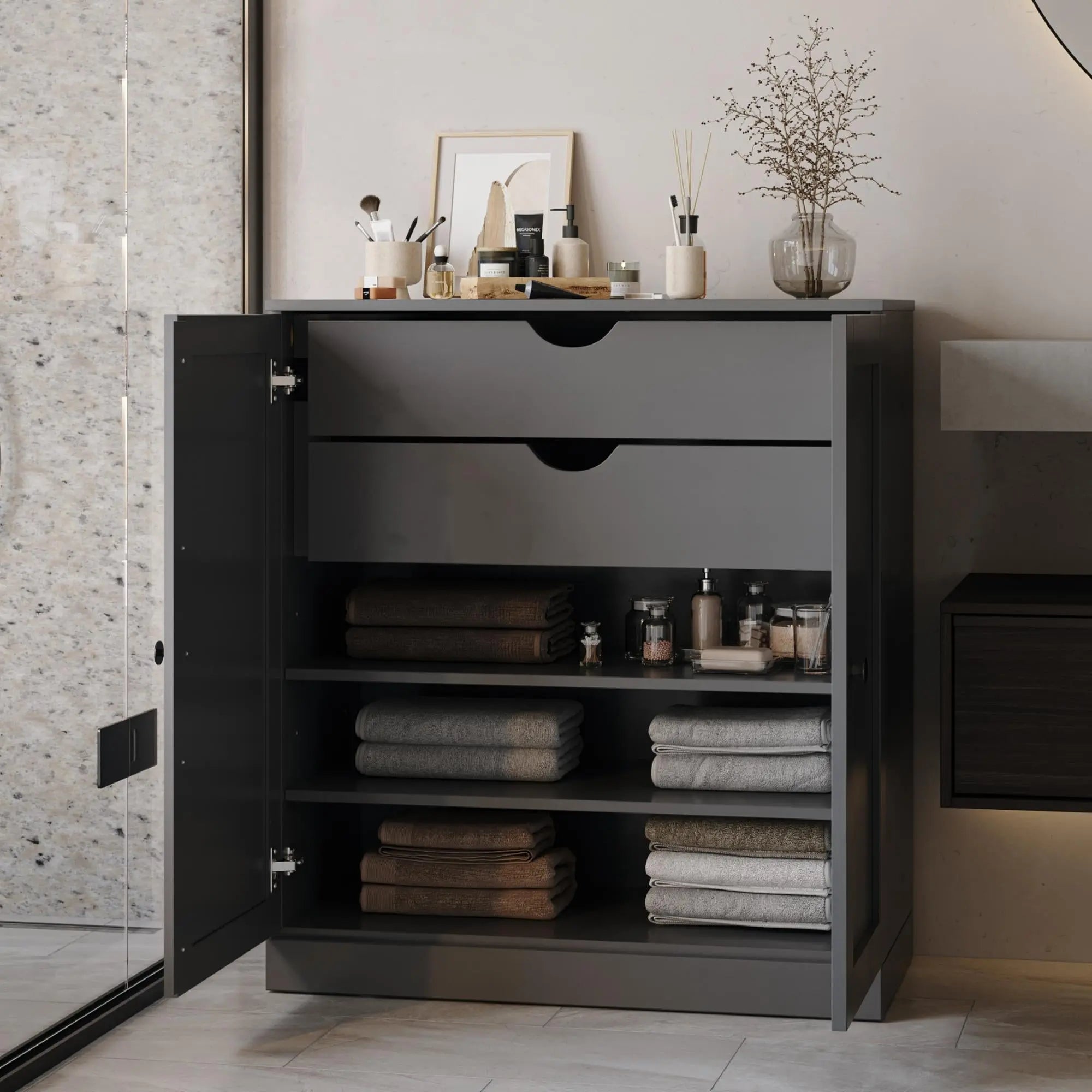 32" Gray Solid Wood Free Standing Double Door Linen Cabinet Homeroots Organization