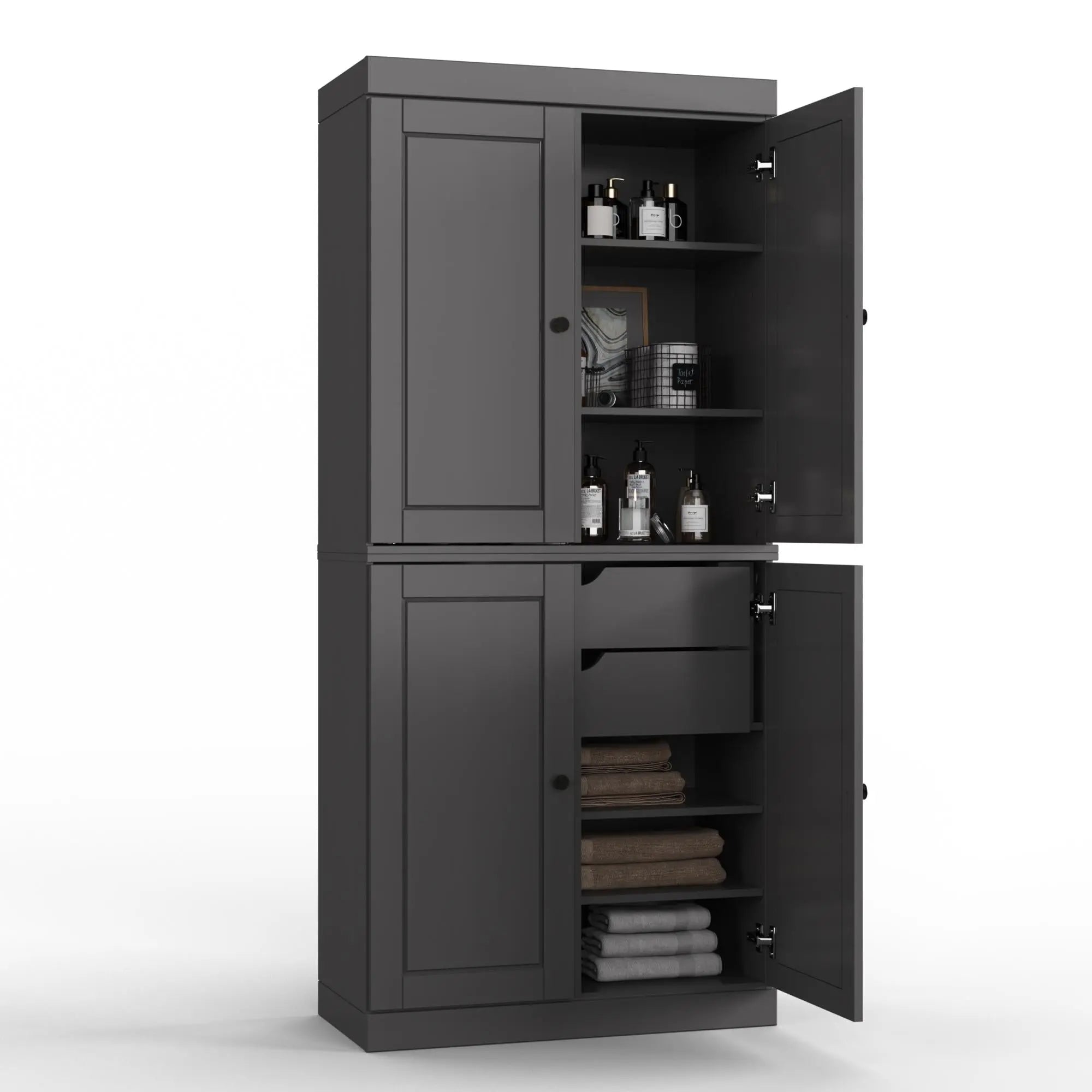 32" Gray Solid Wood Free Standing Four Door Linen Cabinet Homeroots Organization