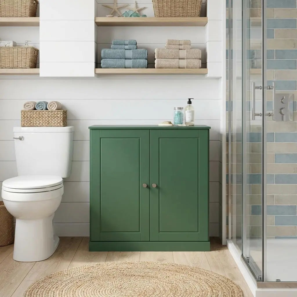 32" Green Solid Wood Raised Panel Double Door Linen Cabinet Homeroots Organization