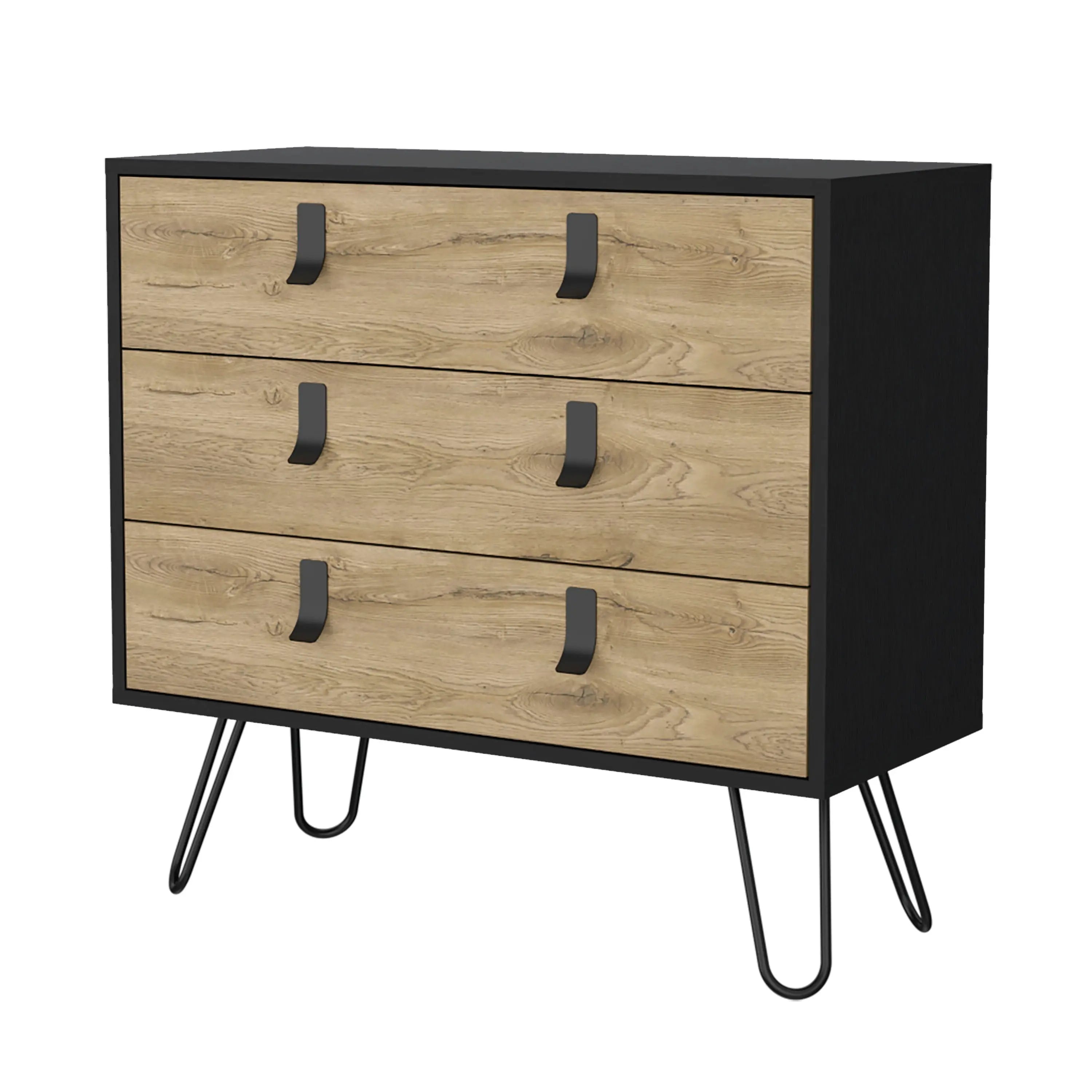 32" Natural And Black Wood Three Drawer Dresser Homeroots Bed & Bath