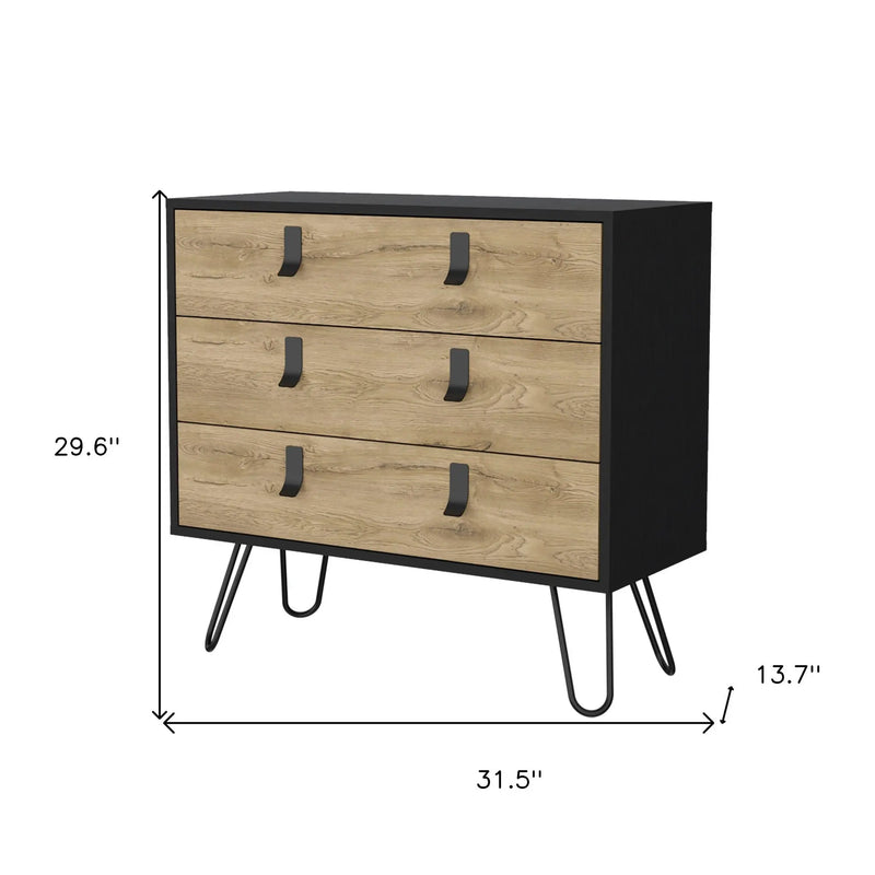 32" Natural And Black Wood Three Drawer Dresser Homeroots Bed & Bath