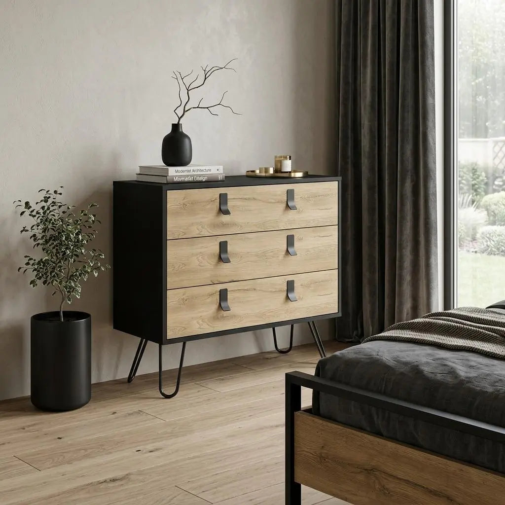 32" Natural And Black Wood Three Drawer Dresser Homeroots Bed & Bath
