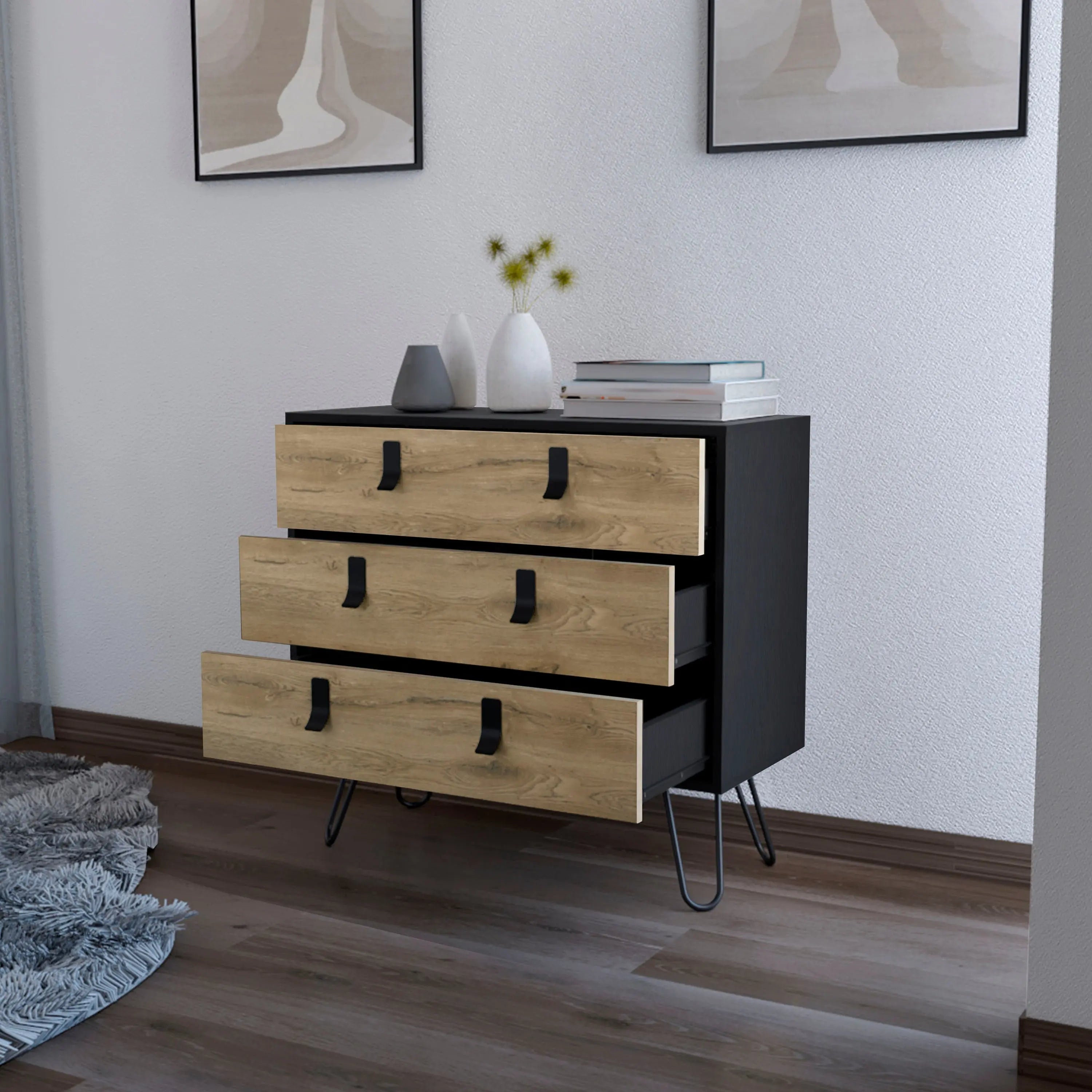 32" Natural And Black Wood Three Drawer Dresser Homeroots Bed & Bath