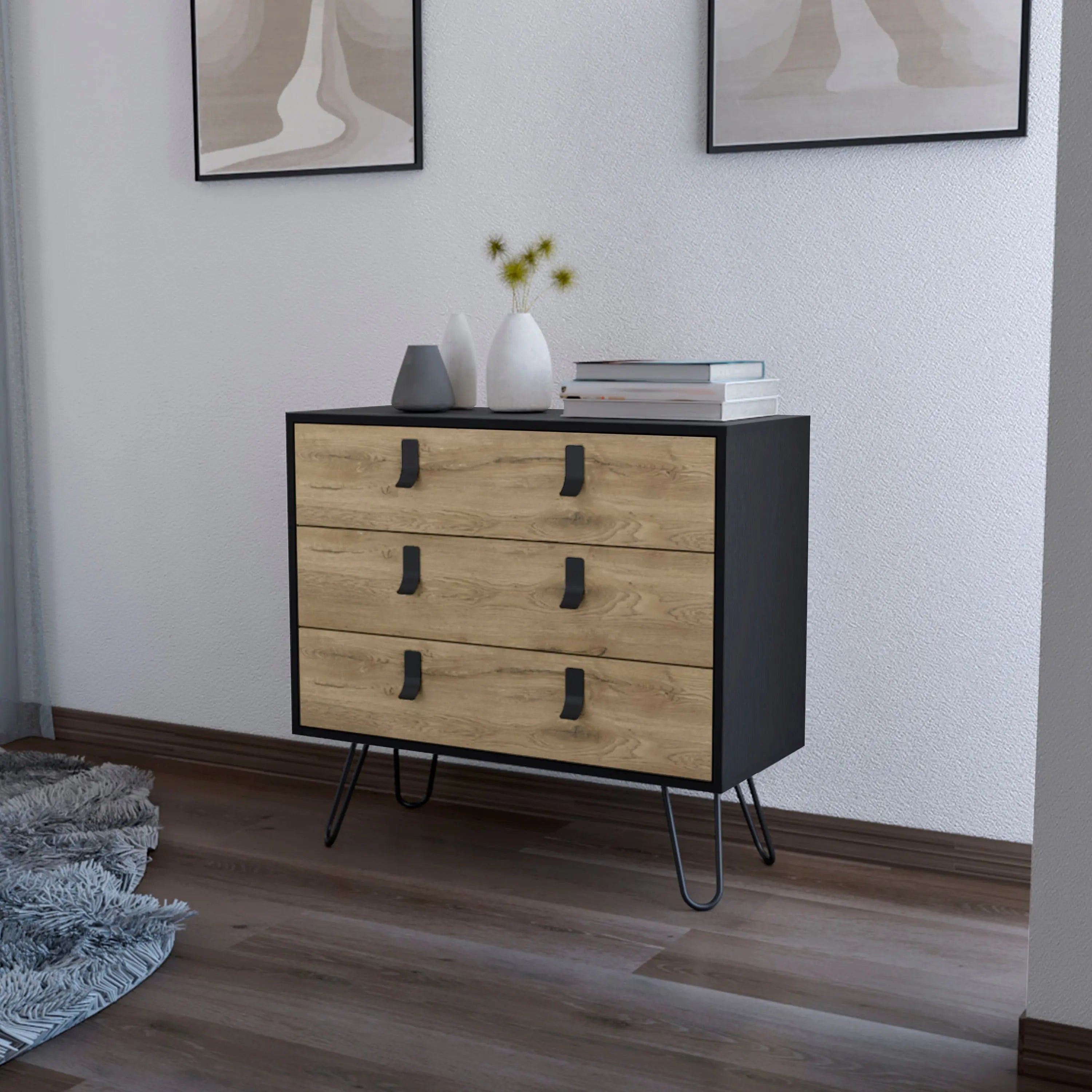 32" Natural And Black Wood Three Drawer Dresser Homeroots Bed & Bath