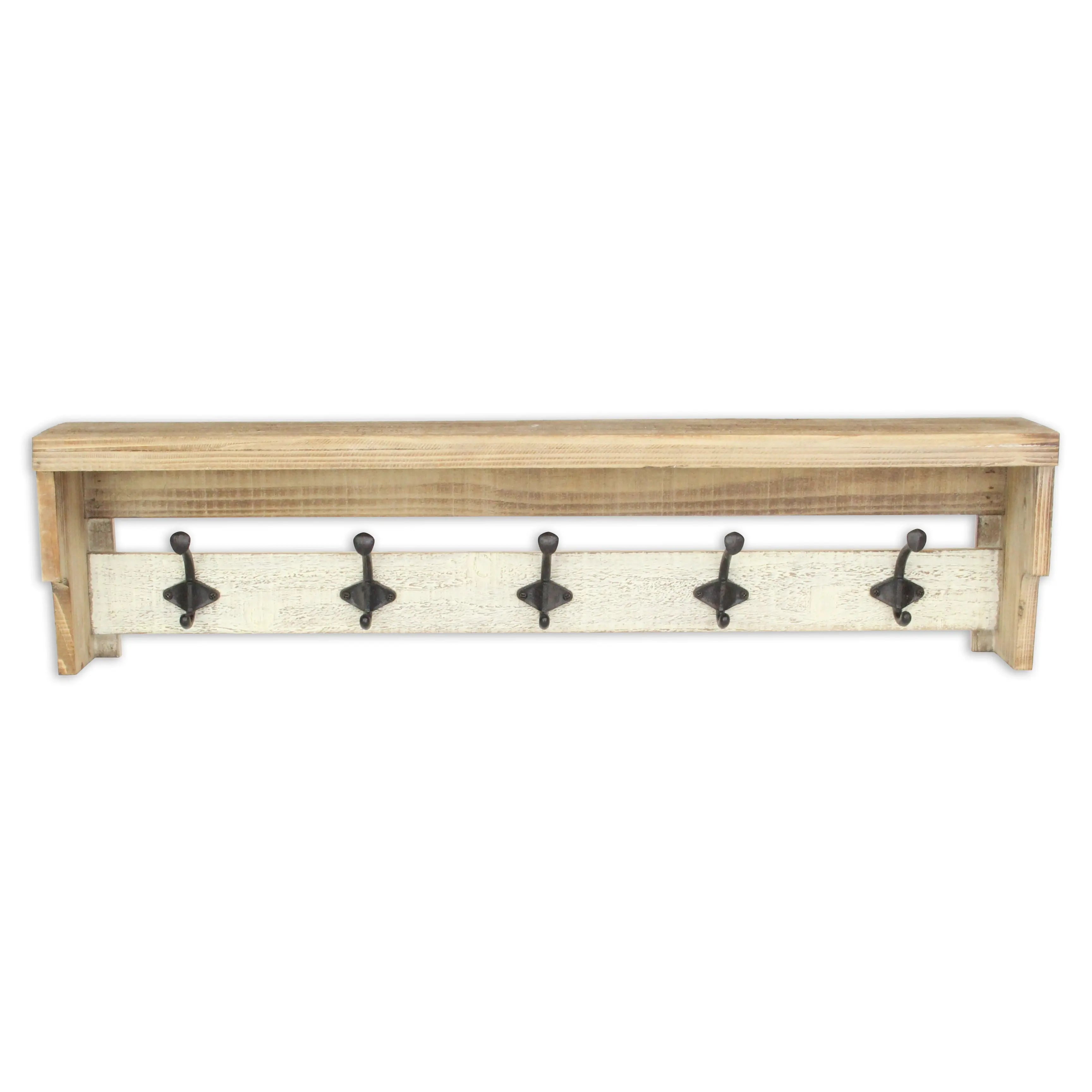 32" Natural Wood Five Hook Wall Mount Coat Rack Homeroots Organization