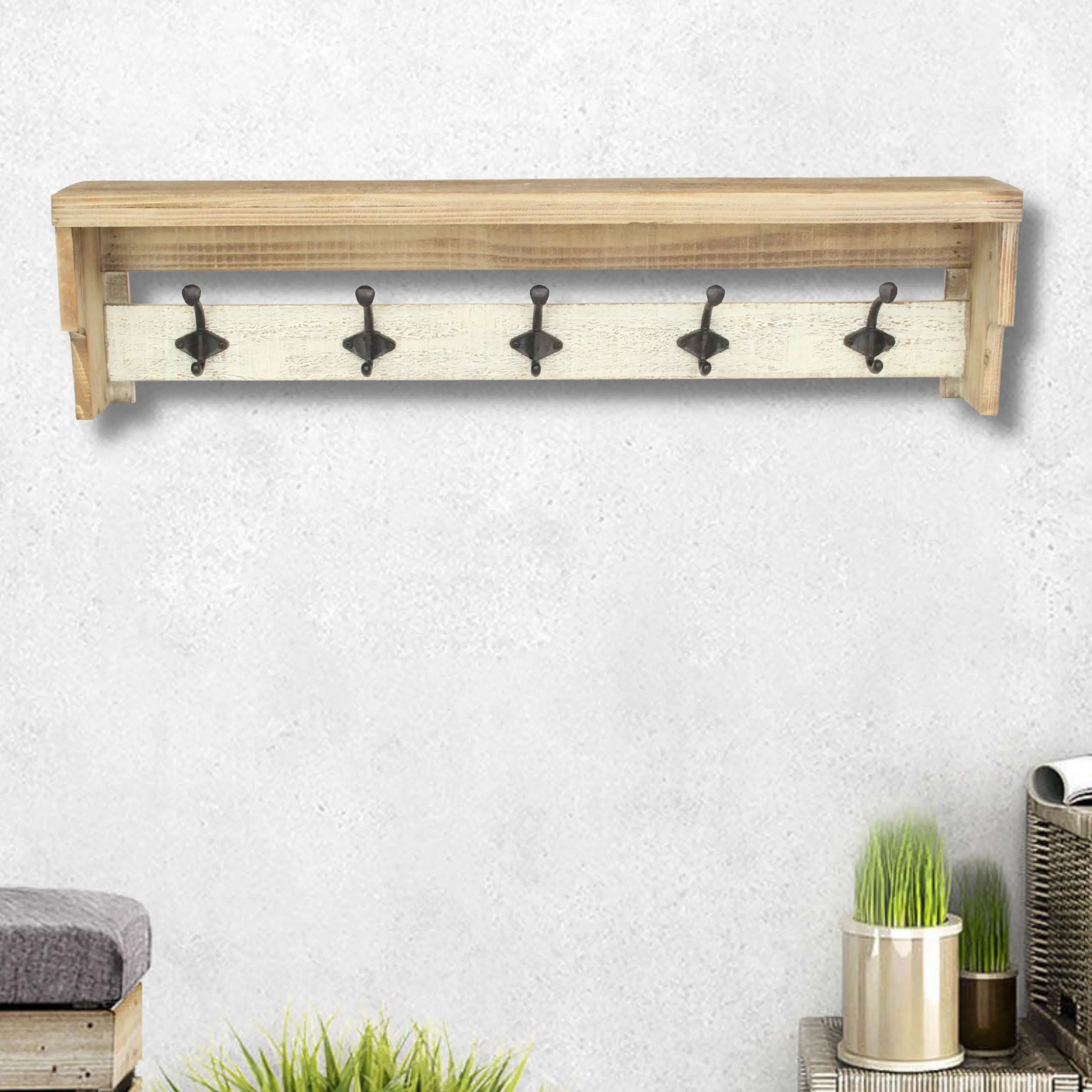 32" Natural Wood Five Hook Wall Mount Coat Rack Homeroots Organization