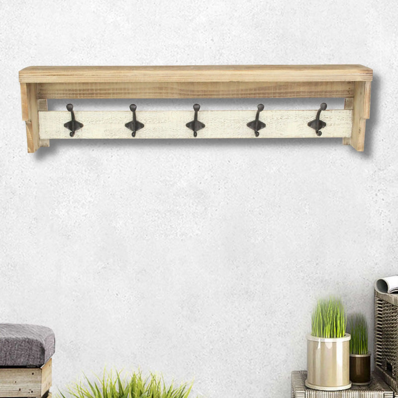 32" Natural Wood Five Hook Wall Mount Coat Rack Homeroots Organization
