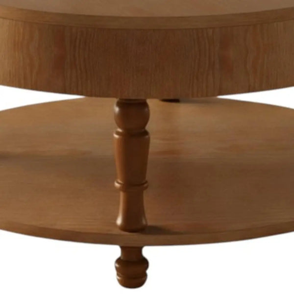 32" Natural Wood Round Coffee Table With Hidden Storage And Shelf Homeroots Living Room