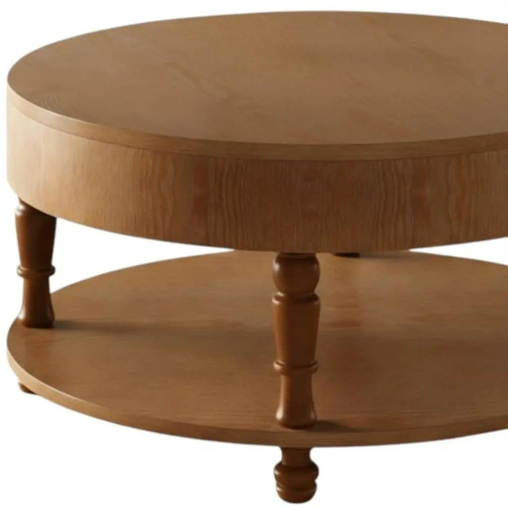32" Natural Wood Round Coffee Table With Hidden Storage And Shelf Homeroots Living Room