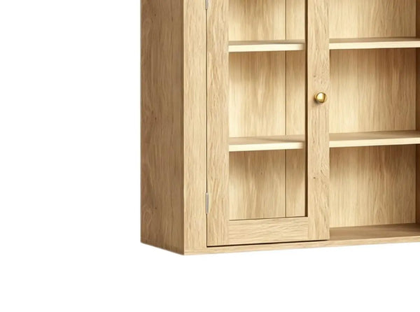 32" Natural Wood Wall Mounted Glass Panel Inlay Four Door Bathroom Cabinet Homeroots Organization