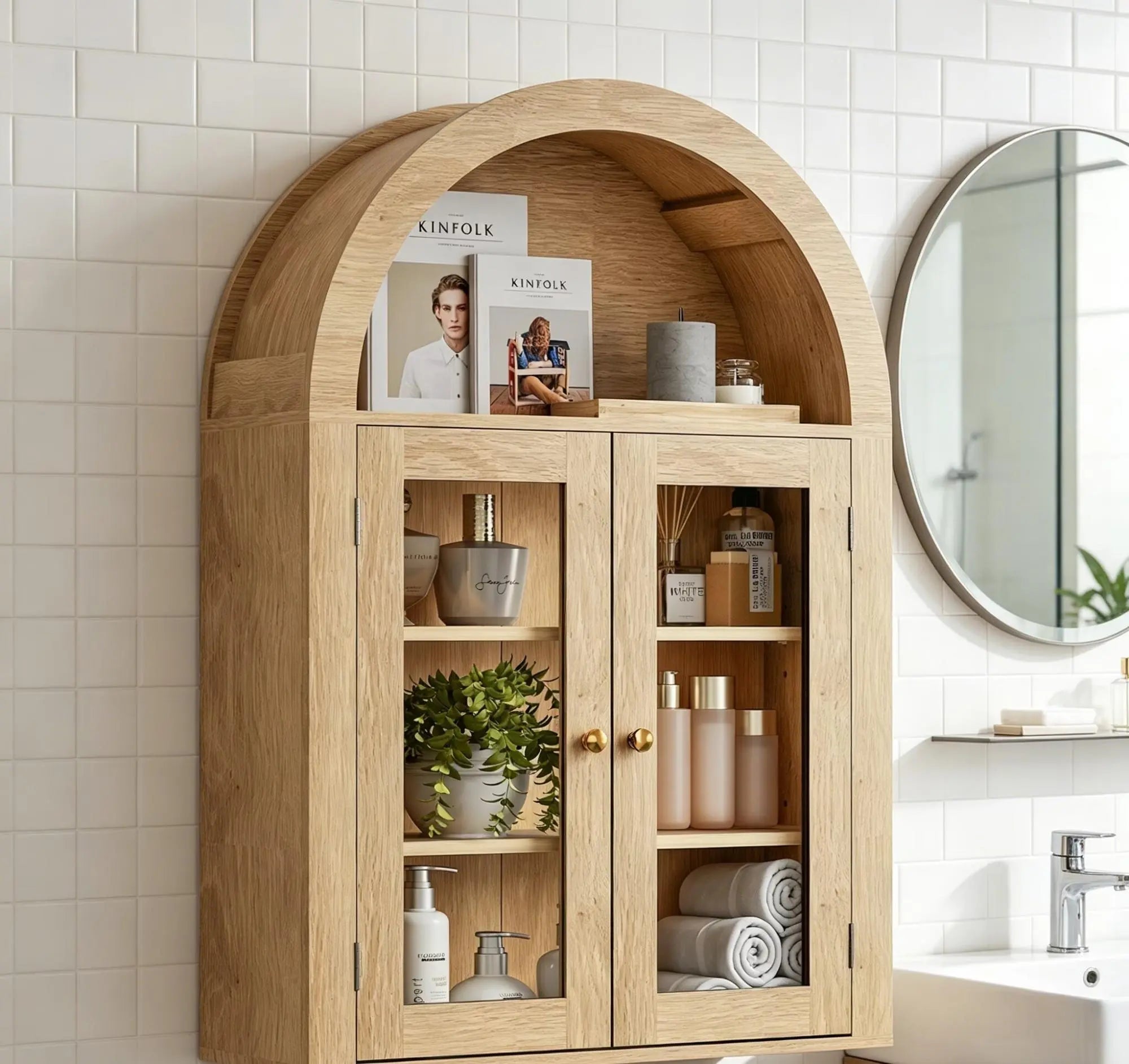 32" Natural Wood Wall Mounted Glass Panel Inlay Four Door Bathroom Cabinet Homeroots Organization