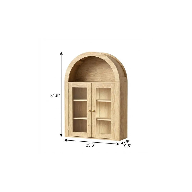 32" Natural Wood Wall Mounted Glass Panel Inlay Four Door Bathroom Cabinet Homeroots Organization