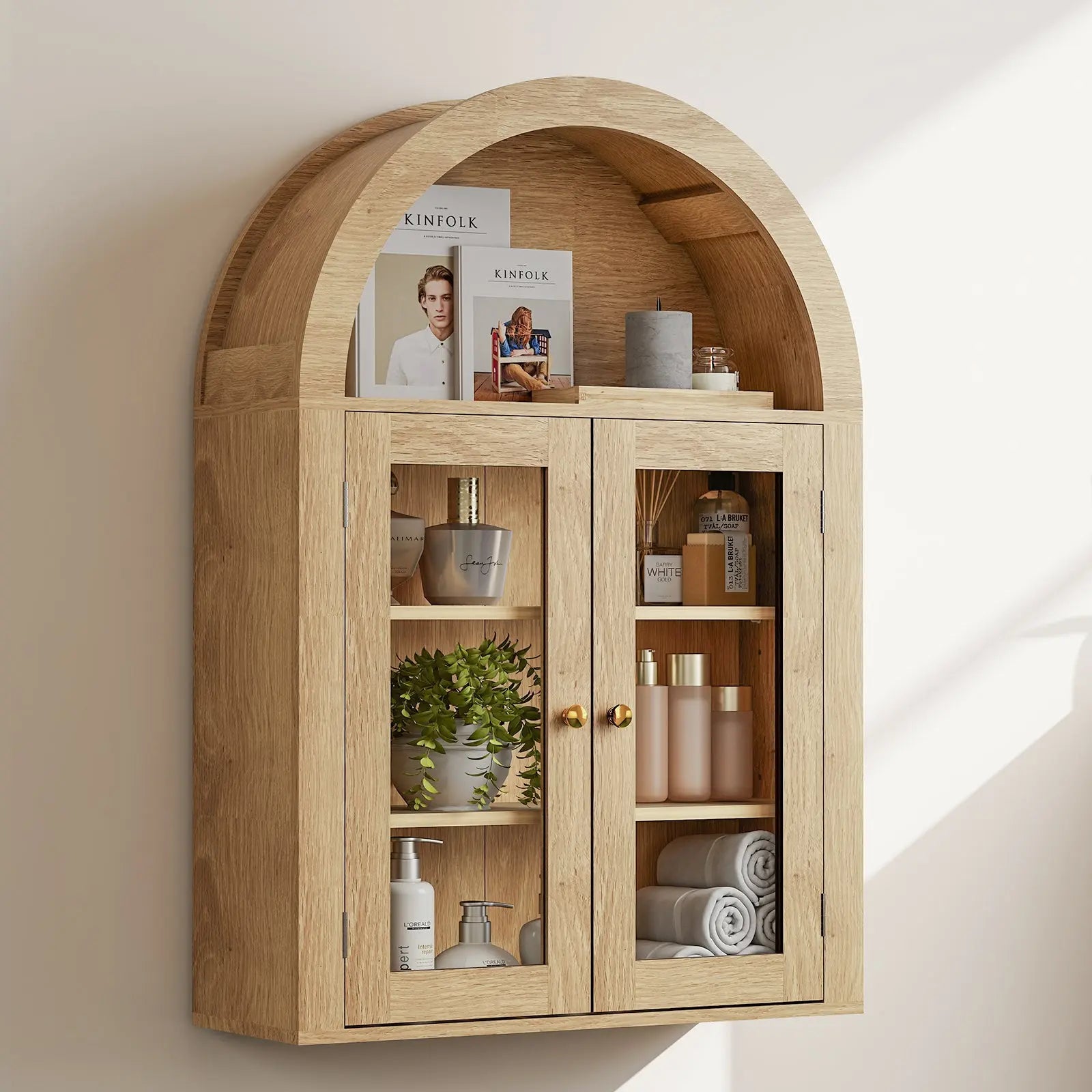 32" Natural Wood Wall Mounted Glass Panel Inlay Four Door Bathroom Cabinet Homeroots Organization