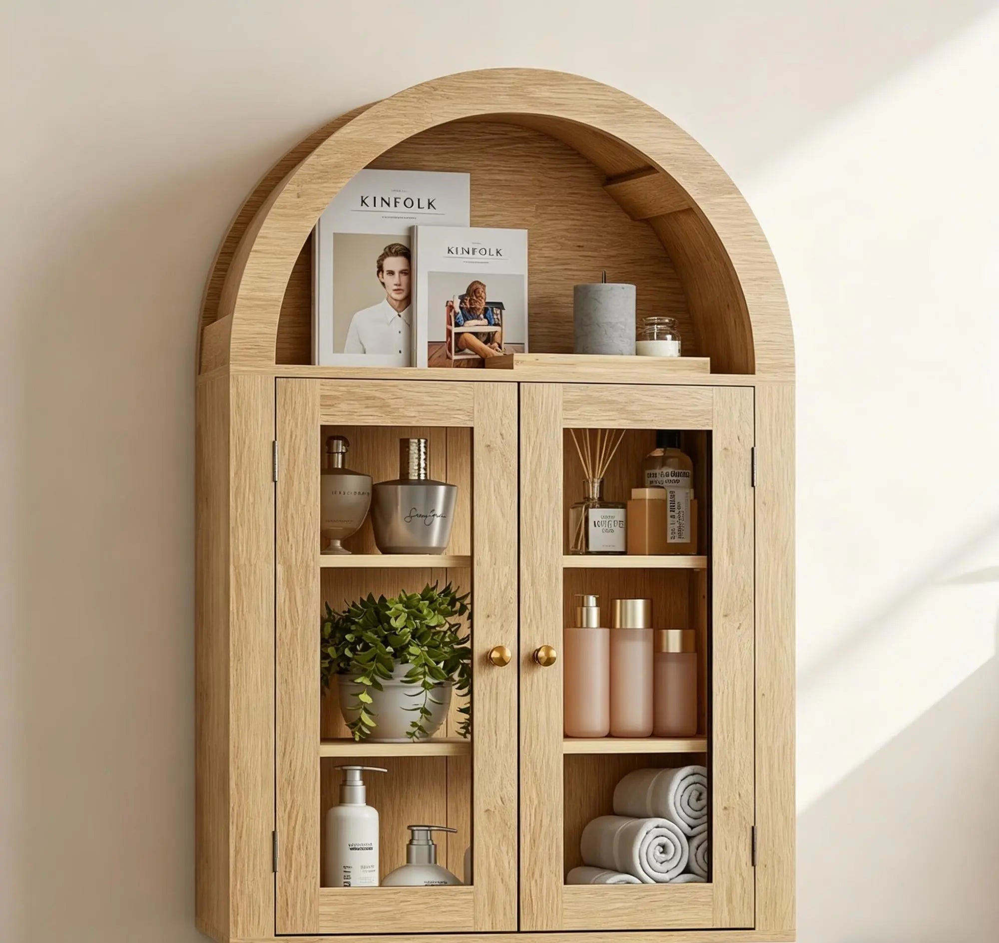 32" Natural Wood Wall Mounted Glass Panel Inlay Four Door Bathroom Cabinet Homeroots Organization