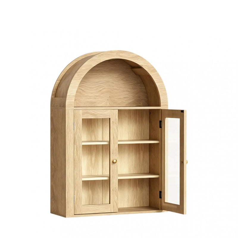 32" Natural Wood Wall Mounted Glass Panel Inlay Four Door Bathroom Cabinet Homeroots Organization