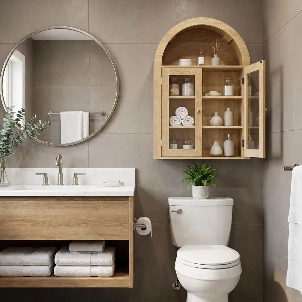 32" Natural Wood Wall Mounted Glass Panel Inlay Four Door Bathroom Cabinet Homeroots Organization