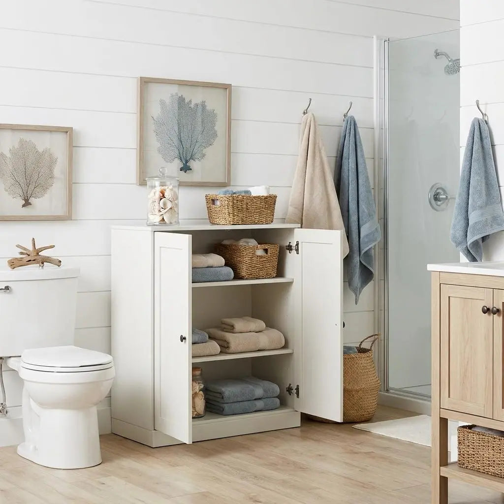 32" Off White Solid Wood Shaker Style Double Door Linen Cabinet Homeroots Organization
