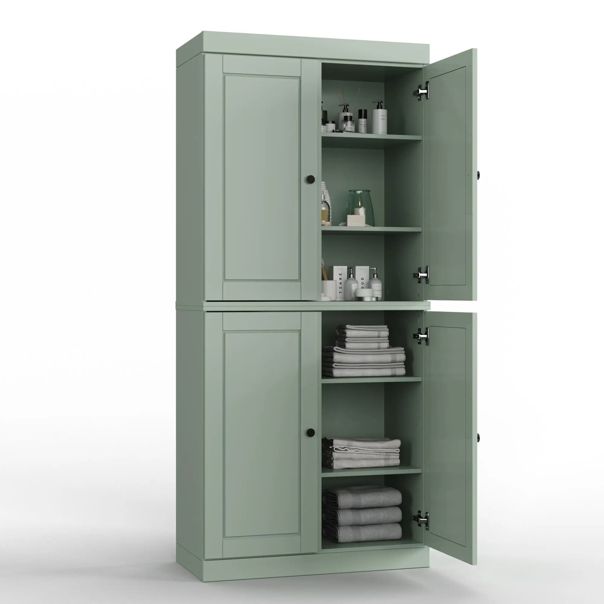 32" Sage Solid Wood Free Standing Four Door Linen Cabinet Homeroots Organization