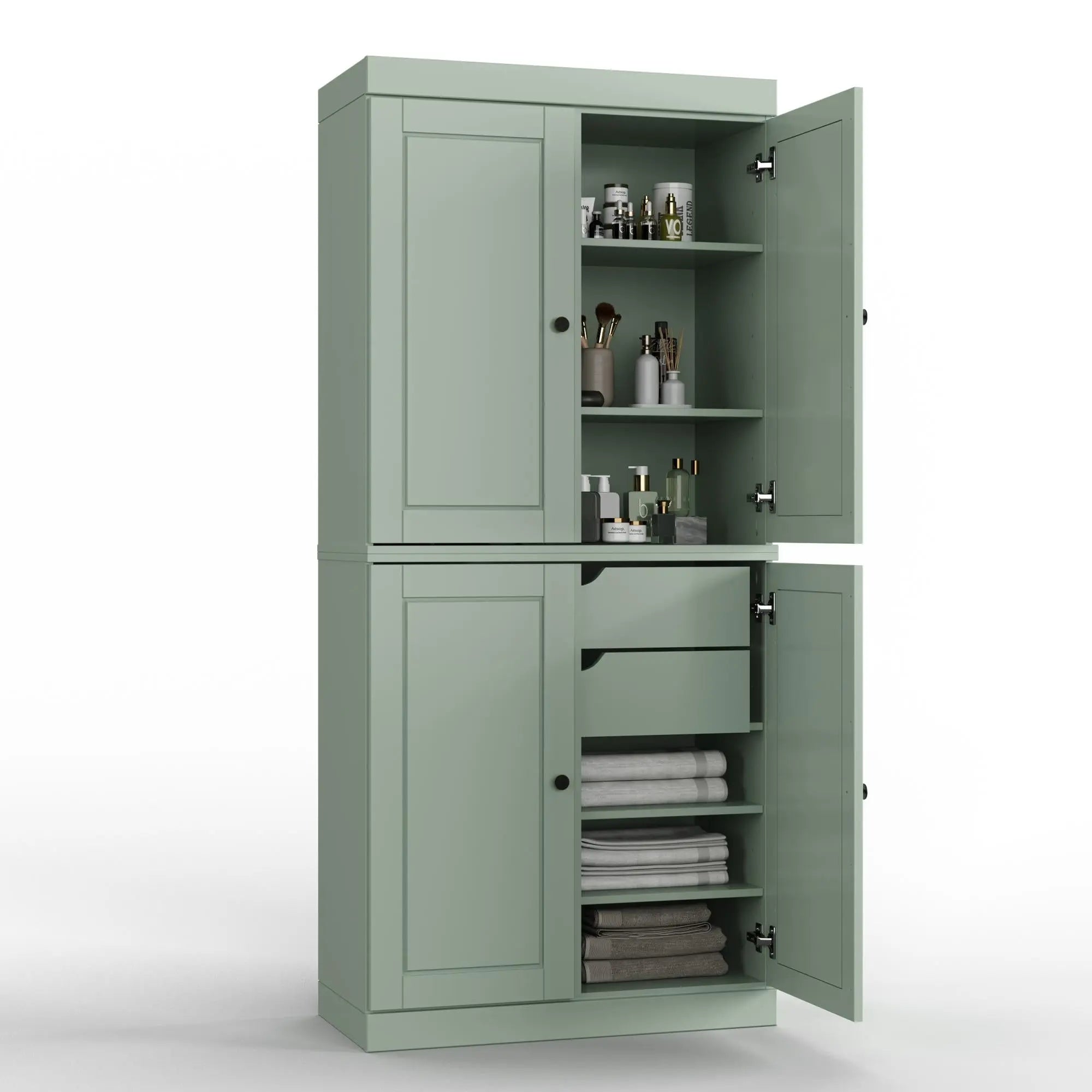 32" Sage Solid Wood Free Standing Four Door Linen Cabinet Homeroots Organization