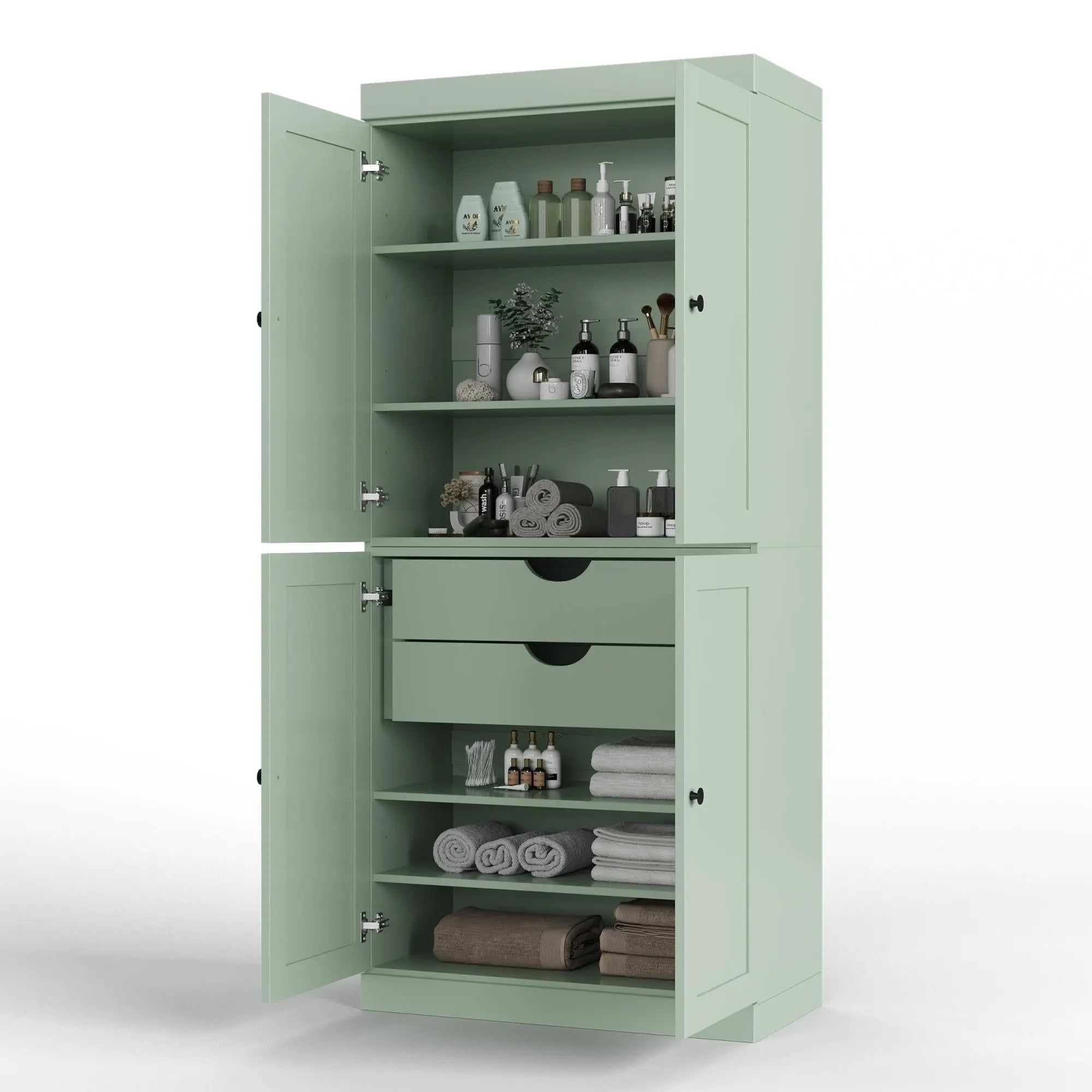 32" Sage Solid Wood Free Standing Four Door Linen Cabinet Homeroots Organization
