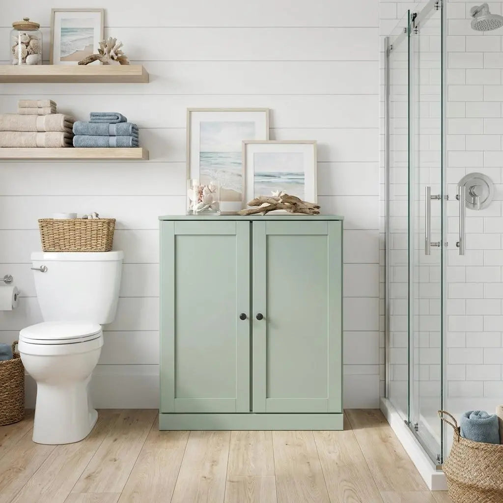 32" Sage Solid Wood Shaker Style Double Door Linen Cabinet Homeroots Organization