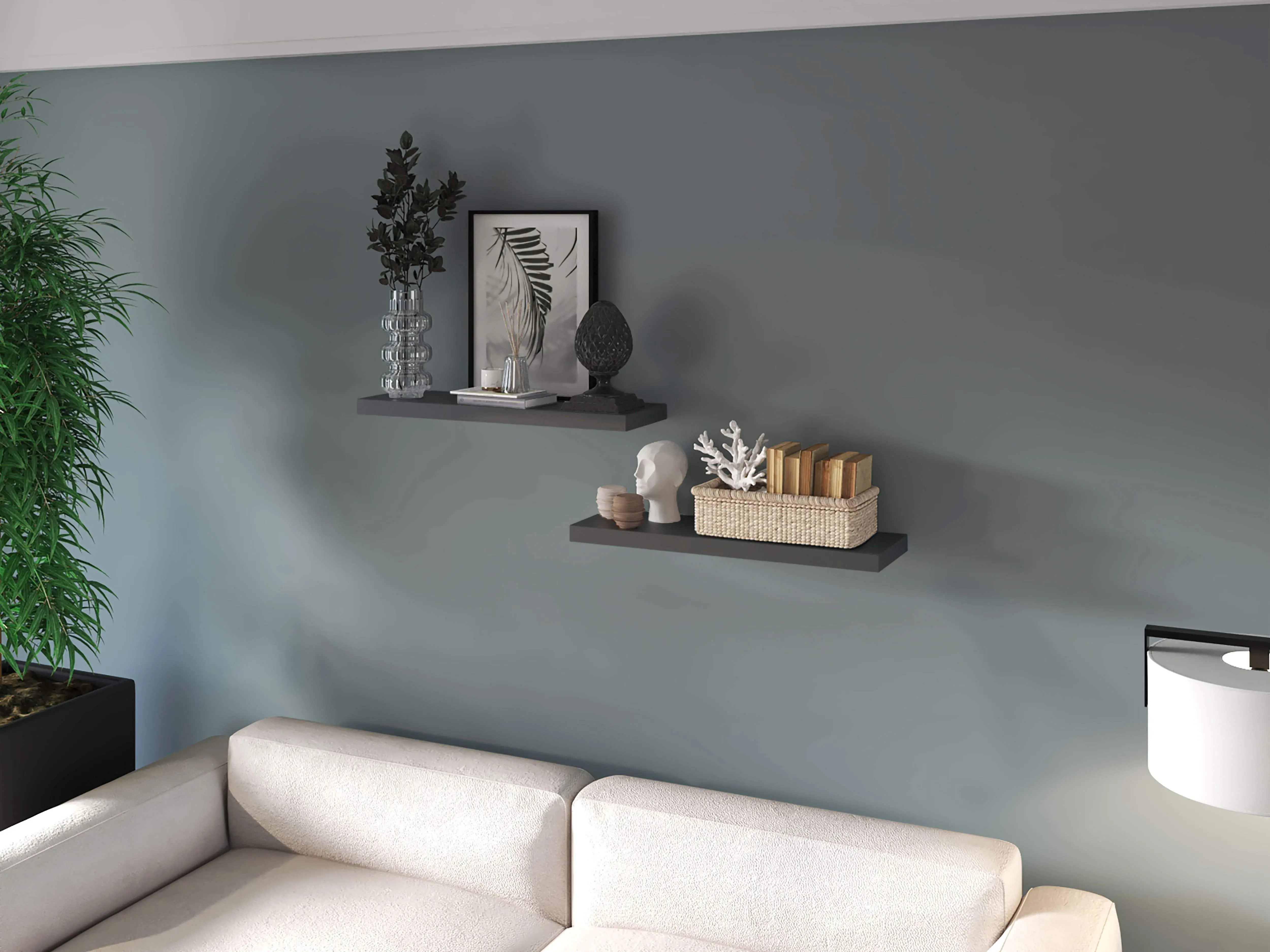 32" Set Of Two Dark Gray Wood Wall Mounted Floating Shelves - GreatEagleInc