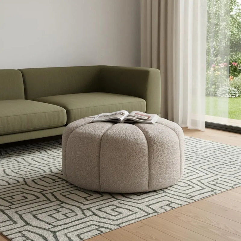 32" Taupe Tufted Boucle Tufted Round Ottoman Homeroots Living Room