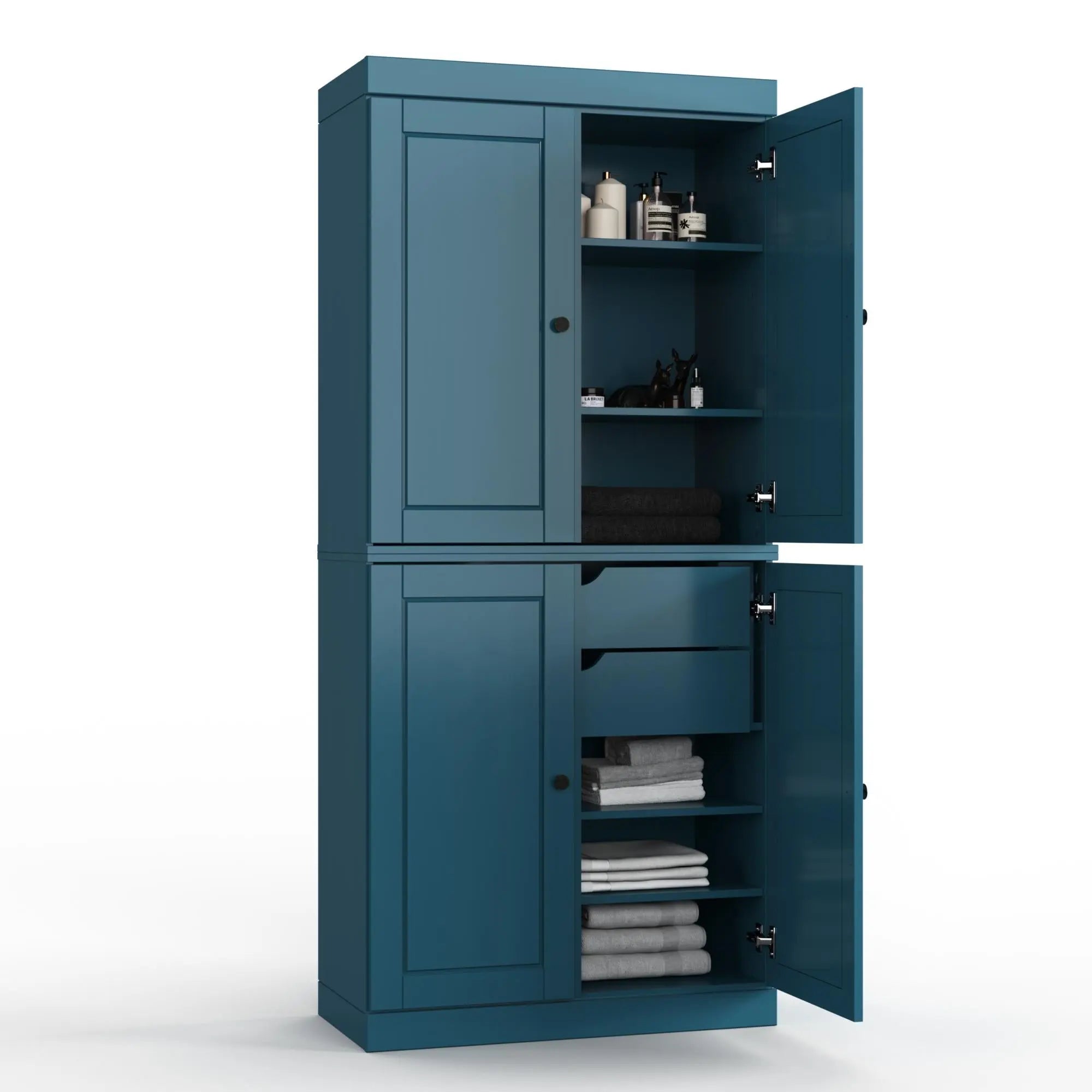 32" Teal Blue Solid Wood Free Standing Four Door Linen Cabinet Homeroots Organization