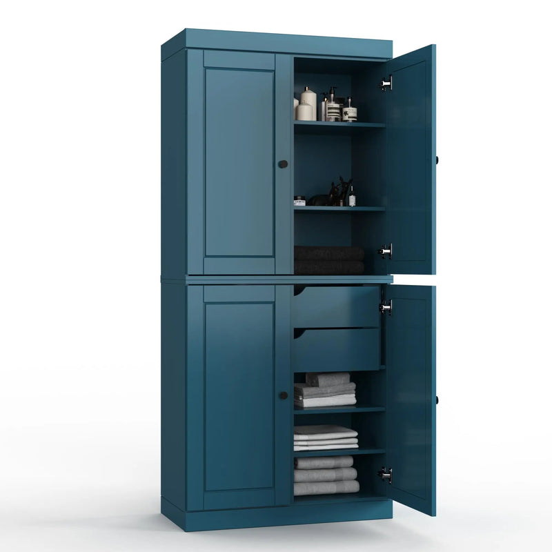32" Teal Blue Solid Wood Free Standing Four Door Linen Cabinet Homeroots Organization
