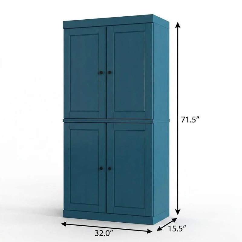 32" Teal Blue Solid Wood Free Standing Four Door Linen Cabinet Homeroots Organization