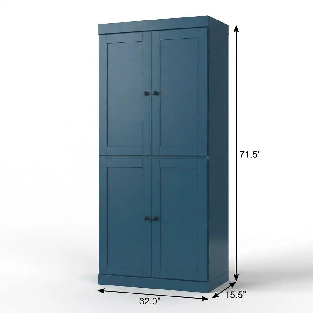 32" Teal Blue Solid Wood Free Standing Four Door Linen Cabinet Homeroots Organization